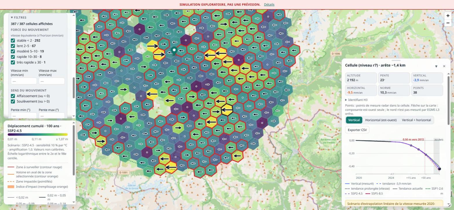 Panneau de filtres ouvert, listant les 387 cellules de résolution 7 réparties par force de mouvement.