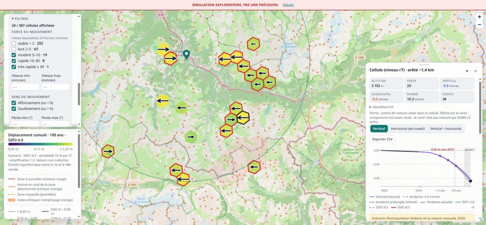 Carte où seules 28 cellules sur 387 restent affichées après le décochage des mouvements stables et lents.