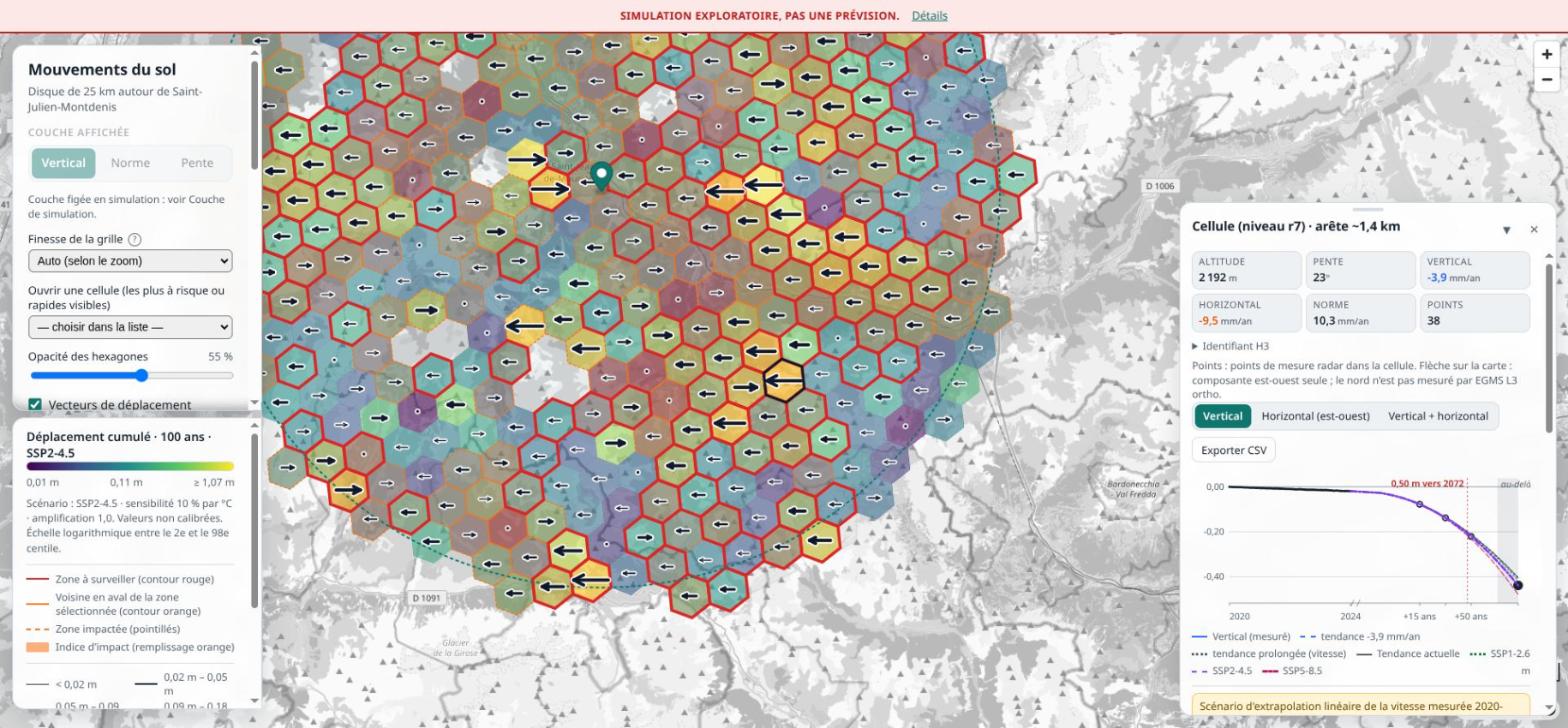 Carte en mode simulation où des hexagones à contour rouge, marquant les zones à surveiller, sont entourés de cellules voisines colorées en orange, indiquant des impacts aval potentiels.