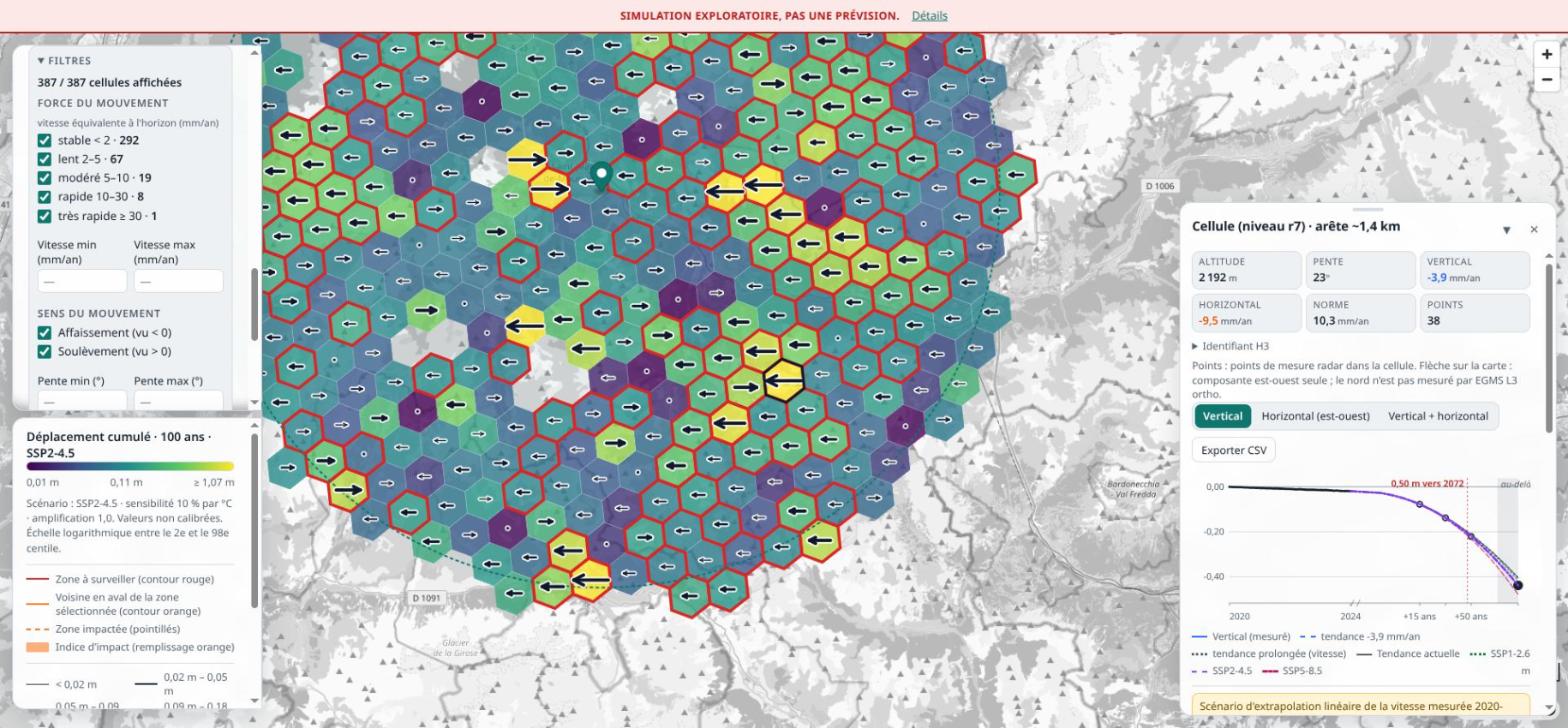 Carte en mode simulation, avec un fond de carte en nuances de gris et des hexagones colorés et entourés de rouge par-dessus.