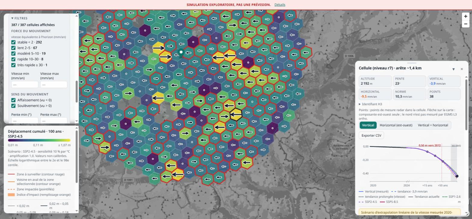 Carte en mode simulation sur fond sombre, avec des hexagones colorés et entourés de rouge au premier plan.