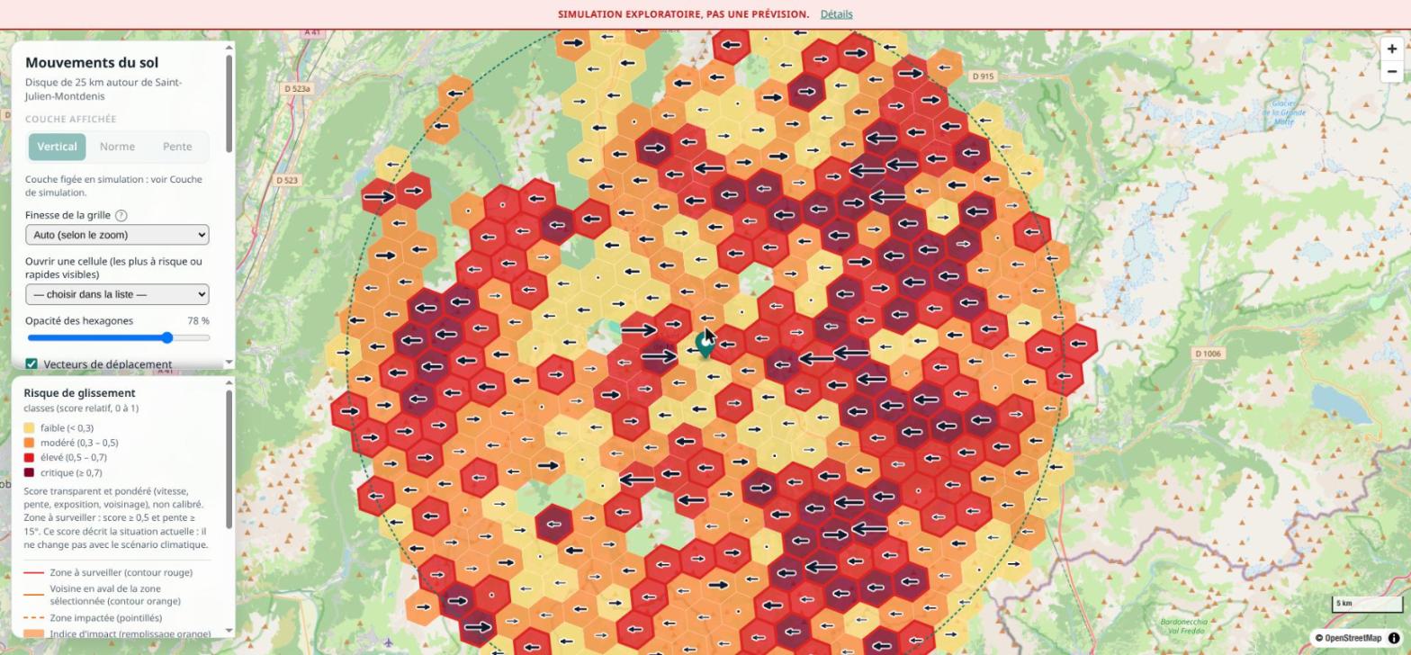Carte en mode simulation : chaque hexagone du disque est coloré du jaune pâle au rouge foncé selon son score de susceptibilité, et les cellules les plus marquées sont entourées de rouge.